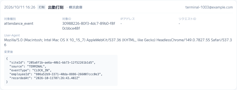 スクリーンショット: 行を開いた詳細(対象種別・対象ID・IPアドレス・リクエストID・変更内容)