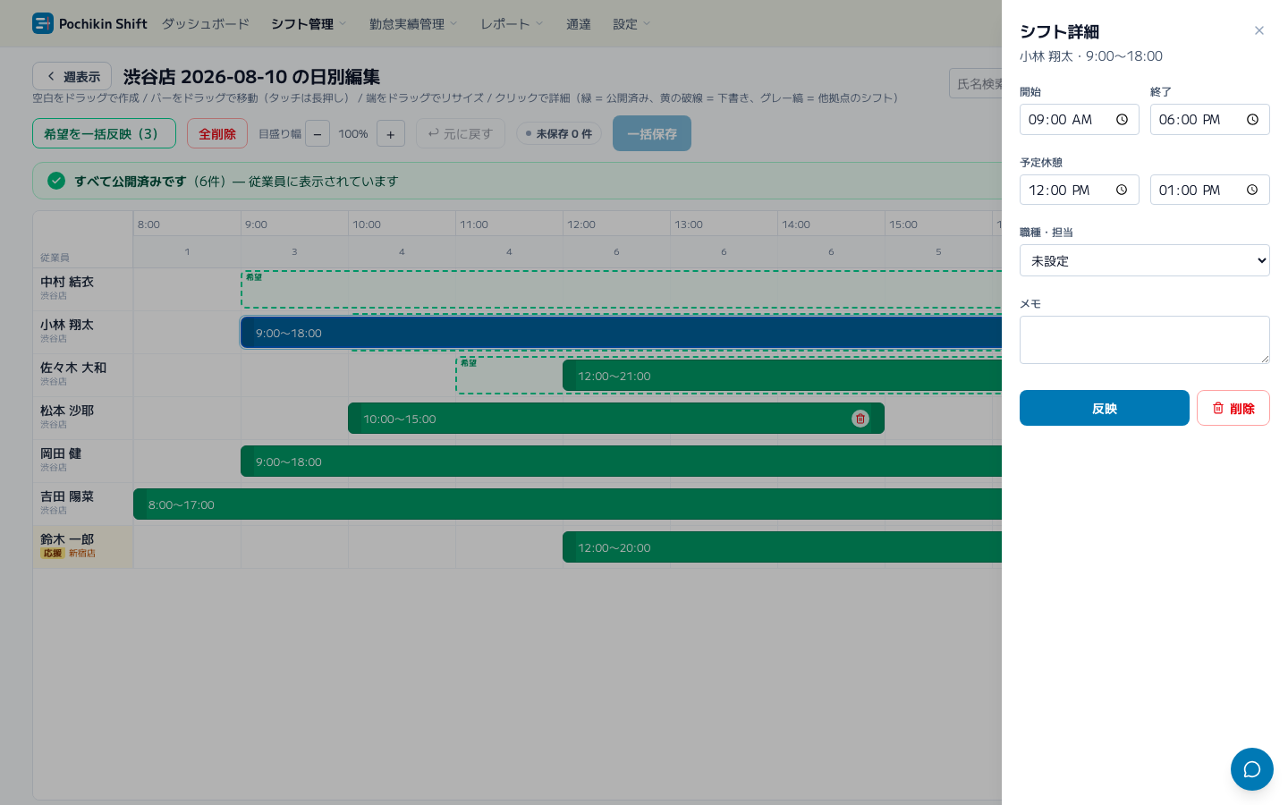 スクリーンショット: シフト詳細（開始・終了／予定休憩／職種・担当／メモ）
