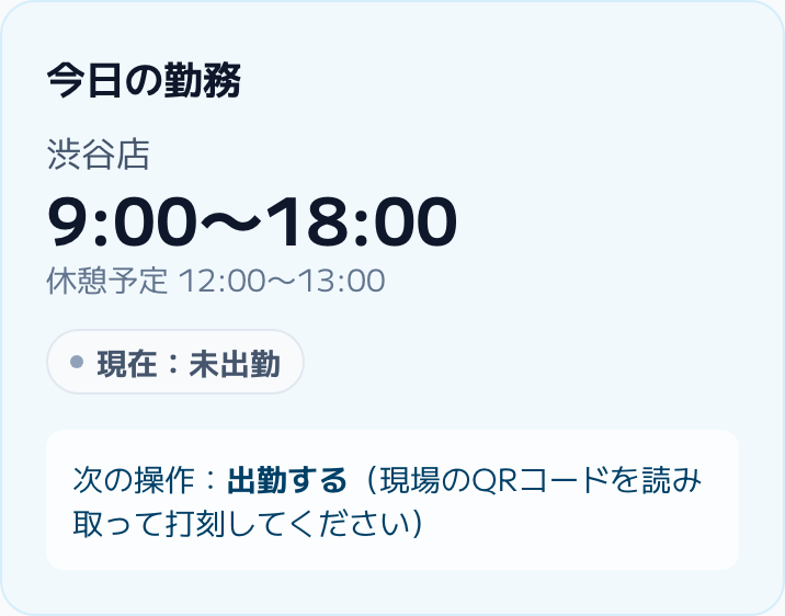 スクリーンショット: 「今日の勤務」（勤務予定・現在の状態・今日の打刻・次の操作）